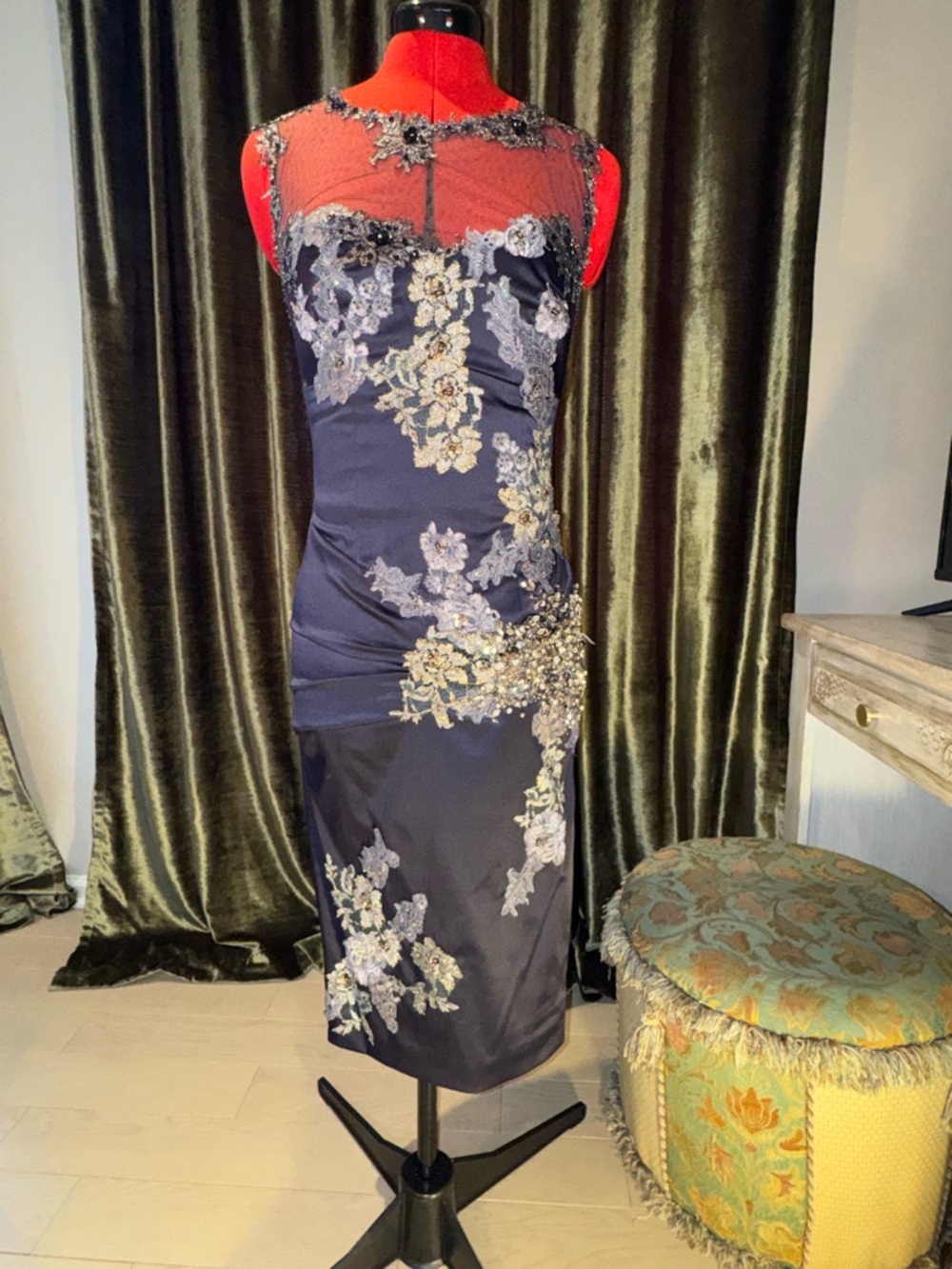 Embroidered Navy Midi Sheath Dress with Illusion Bodice